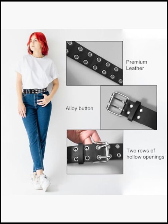 4 Piece Studded Rivet Double Grommet Belt Set - Faux Leather Punk Style main image 4